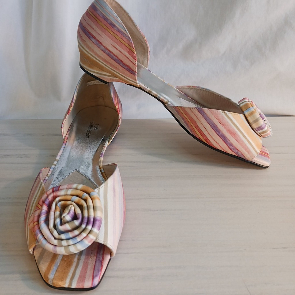 Ros Hommerson Women’s 9 Monet Open Toe Flat Pastel Spring Striped Shoe Easter